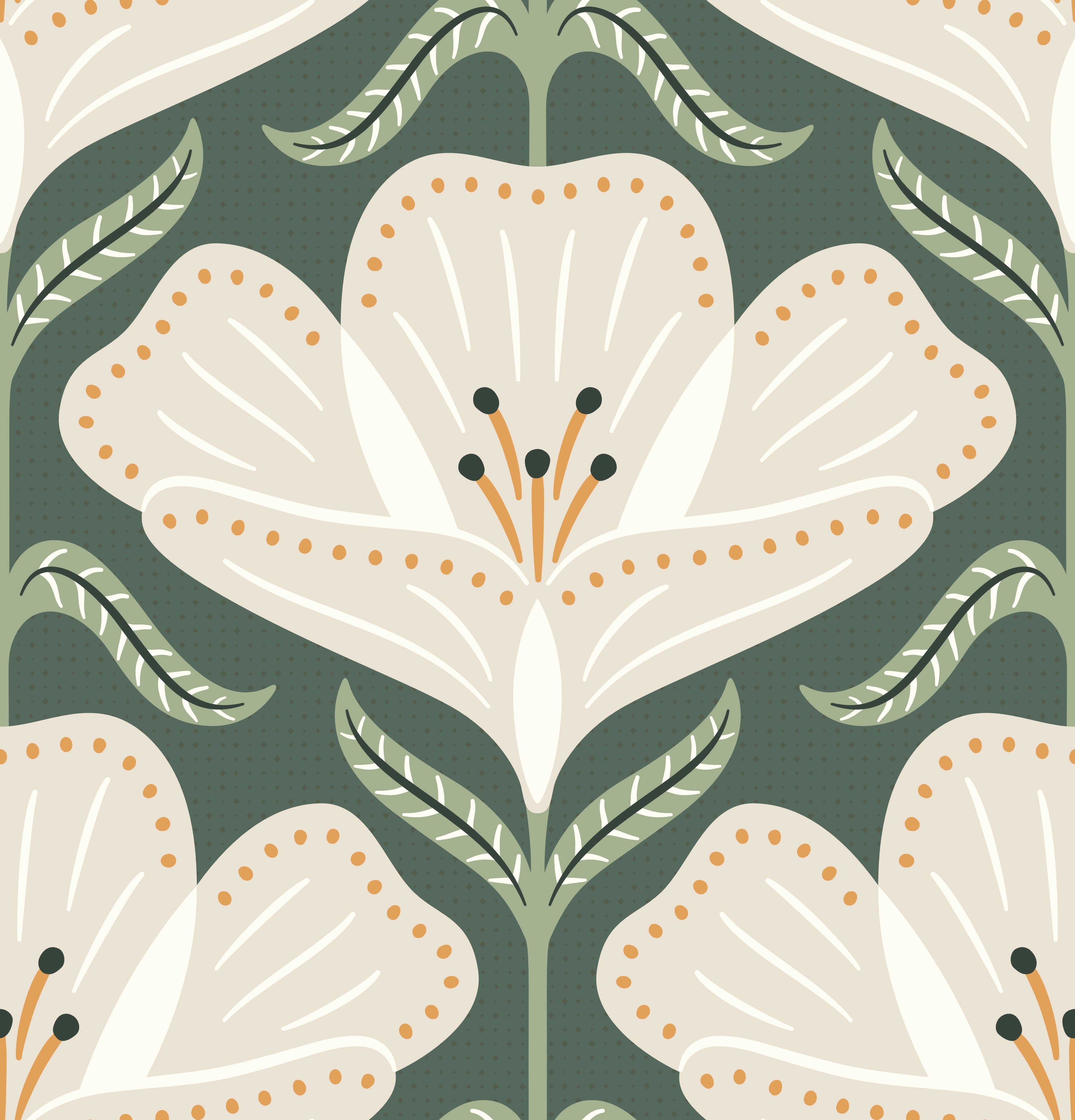 Decorative pattern of white flowers with green leaves on a dark green background
